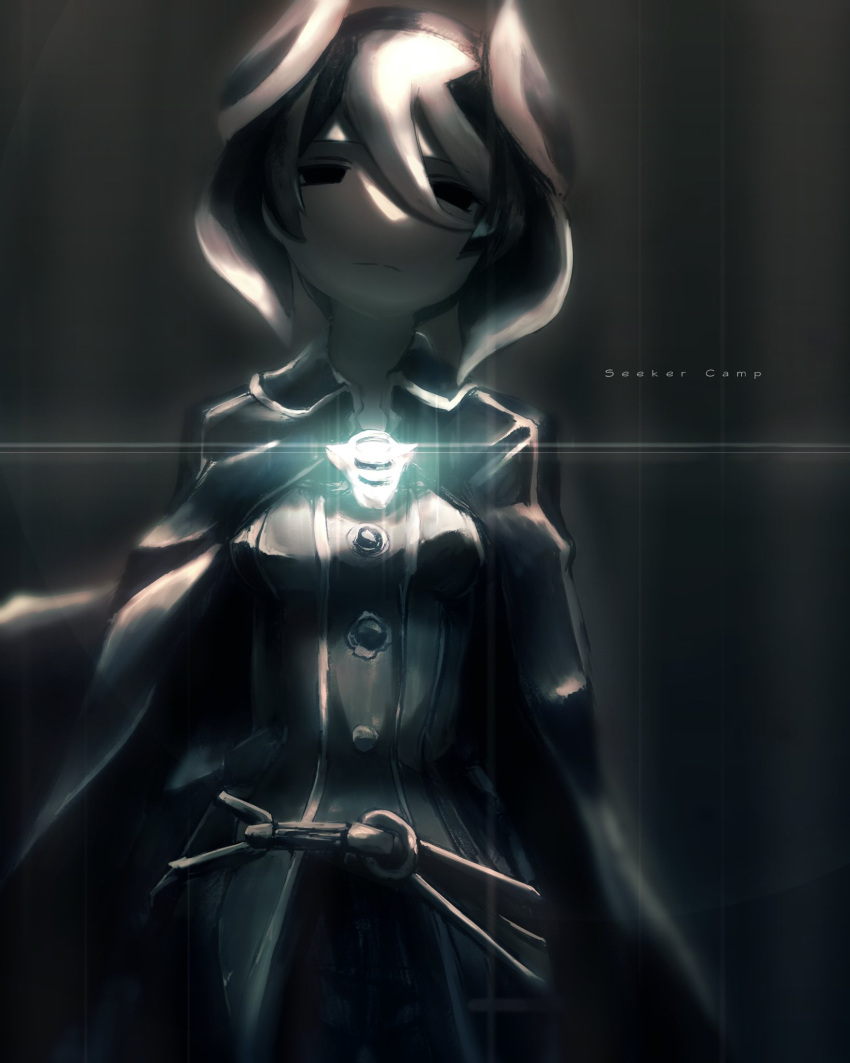 1girl black_background black_cape black_coat black_eyes black_hair breasts cape coat cowboy_shot glowing hair_between_eyes highres long_sleeves looking_at_viewer made_in_abyss marudoll multicolored_hair ozen short_hair simple_background solo two-tone_hair whistle whistle_around_neck white_hair