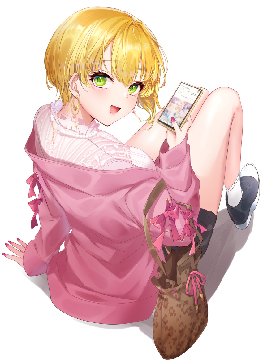 black_shorts blonde_hair bow earrings from_behind green_eyes hand_on_ground highres hoop_earrings idolmaster idolmaster_cinderella_girls jacket jewelry looking_at_viewer miyamoto_frederica nail_polish neko-san_(dim.dream) open_mouth phone pink_bow ribbon shoes short_hair shorts sitting socks white_socks