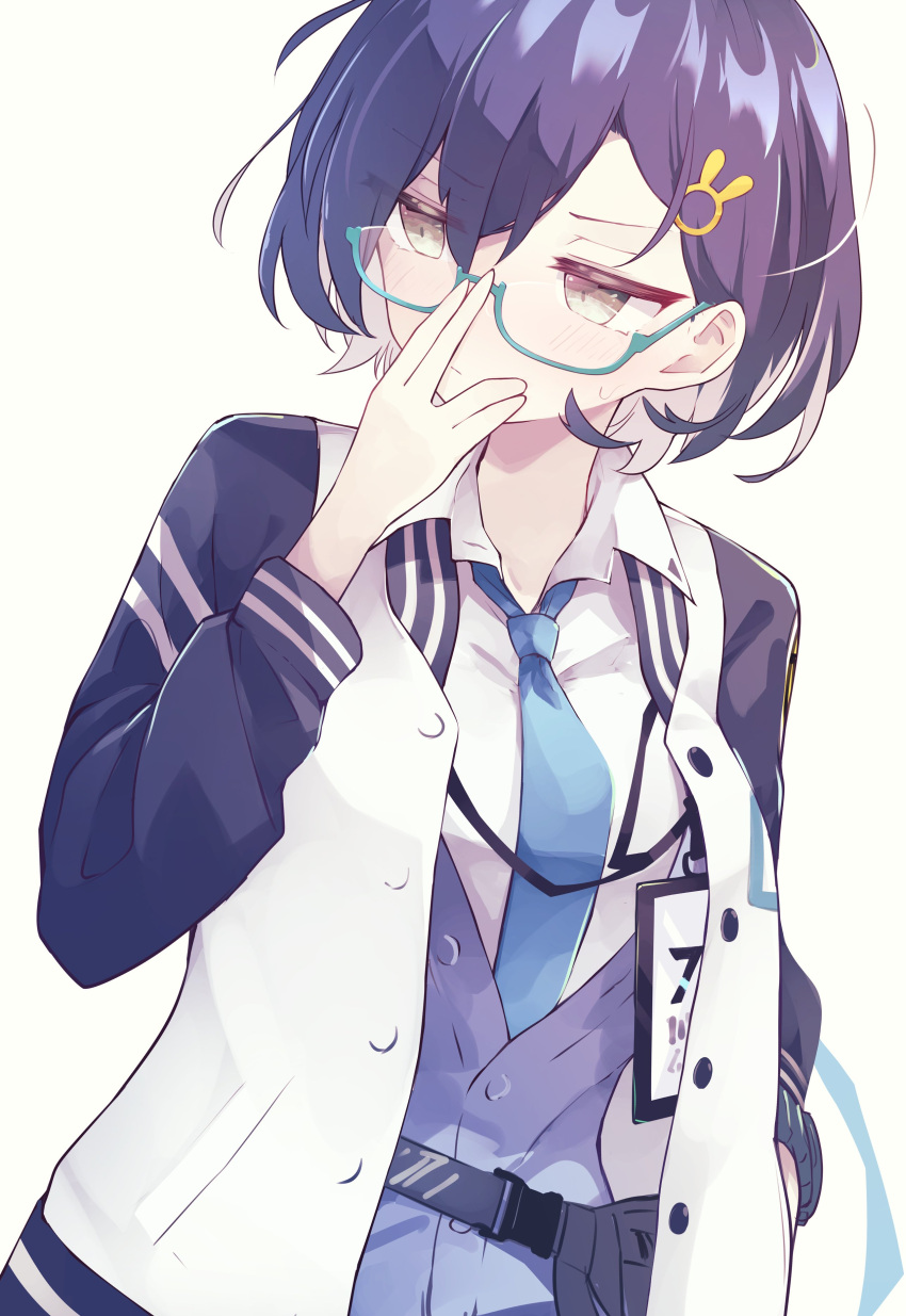 1girl absurdres adjusting_eyewear bangs blue-framed_eyewear blue_archive blue_jacket blue_necktie blush breasts brown_eyes bunny_hair_ornament chihiro_(blue_archive) closed_mouth collared_shirt commentary damao_(kiwa777) glasses hair_between_eyes hair_ornament hand_up highres jacket letterman_jacket looking_away looking_to_the_side multicolored_hair necktie open_clothes open_jacket semi-rimless_eyewear shirt simple_background small_breasts solo sweat symbol-only_commentary two-tone_hair under-rim_eyewear upper_body violet_eyes white_background white_hair white_jacket white_shirt