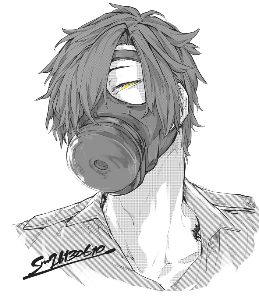 1boy adam's_apple character_request chikuwa_(dr0603) collared_shirt gas_mask greyscale hair_over_one_eye head_tilt highres looking_at_viewer male_focus mask monochrome one_eye_covered portrait shirt short_hair sideways_glance simple_background solo spot_color tattoo touken_ranbu yellow_eyes