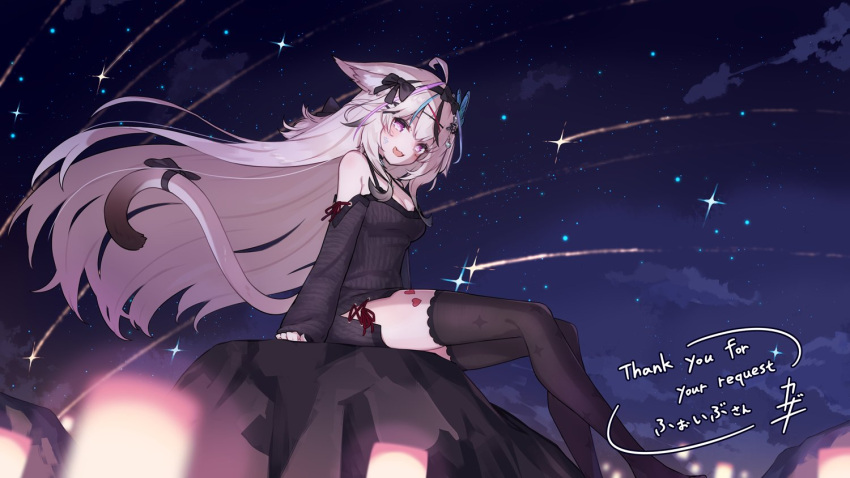 1girl :d animal_ears black_hair black_thighhighs breasts cat_ears cat_girl cat_tail commission fang kazana_(sakuto) long_hair looking_at_viewer multicolored_hair night off-shoulder_sweater off_shoulder shooting_star sitting skeb_commission skin_fang sky smile star_(sky) starry_sky sweater tail thigh-highs two-tone_hair very_long_hair vrchat white_hair