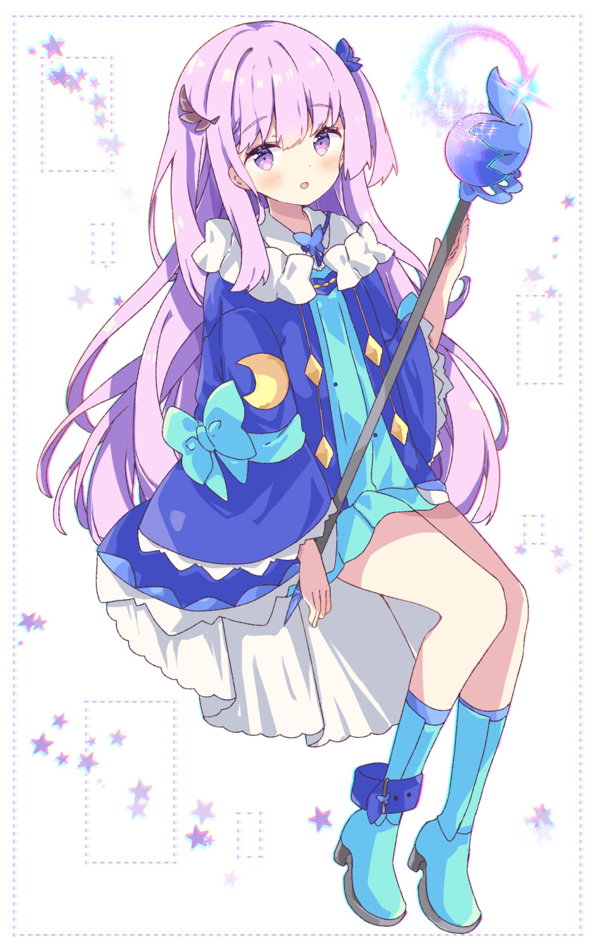 1girl :d absurdres bangs blue_dress blue_footwear blue_jacket blush boots commentary dotted_line dress full_body hair_between_eyes highres holding holding_staff jacket long_hair long_sleeves looking_at_viewer orb original pink_hair sitting smile socks solo staff starry_background symbol-only_commentary tsukiyo_(skymint) very_long_hair violet_eyes white_background wide_sleeves