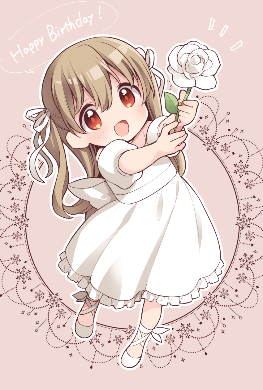 1girl :d ankle_lace-up arms_up back_bow bangs bow child commentary_request cross-laced_footwear detached_sleeves dress english_text flower foreshortening frills from_above full_body hair_behind_ear hair_between_eyes hair_ribbon happy_birthday highres holding holding_flower incoming_gift leaf legs_apart light_brown_hair long_hair looking_at_viewer looking_up minagi_koharu notice_lines off_shoulder official_art open_mouth outline outside_border puffy_short_sleeves puffy_sleeves red_eyes ribbon rose shoes short_sleeves slow_loop smile solo speech_bubble standing tan_background tareme two_side_up uchino_maiko white_bow white_dress white_flower white_outline white_ribbon white_rose younger