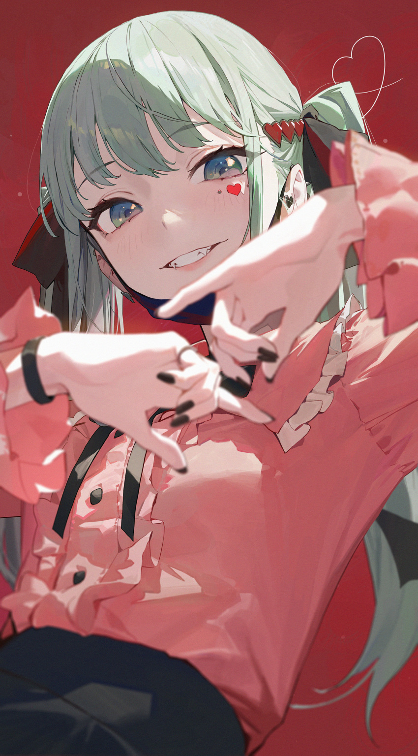 1girl absurdres bangs black_nails blurry close-up depth_of_field frilled_shirt frills green_eyes green_hair hair_ornament hatsune_miku highres light_blush long_hair long_sleeves looking_at_viewer mask modare pink_shirt ponytail red_background sharp_teeth shirt short_hair simple_background smile solo teeth upper_body vampire_(vocaloid) vocaloid