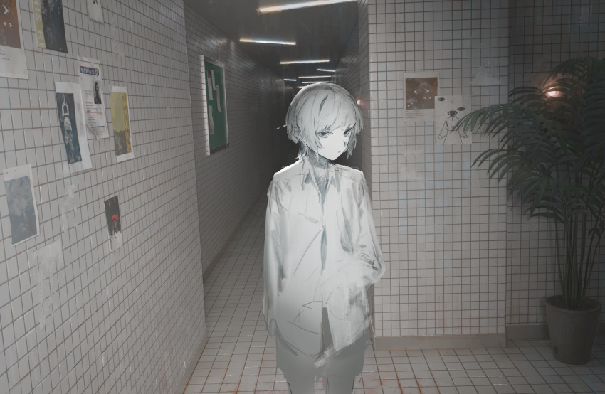 1girl blood blood_on_ground blood_on_wall hallway highres labcoat light looking_at_viewer original paper peke_(shadow105) plant potted_plant short_hair sleeves_past_wrists solo tile_floor tile_wall tiles wide_shot