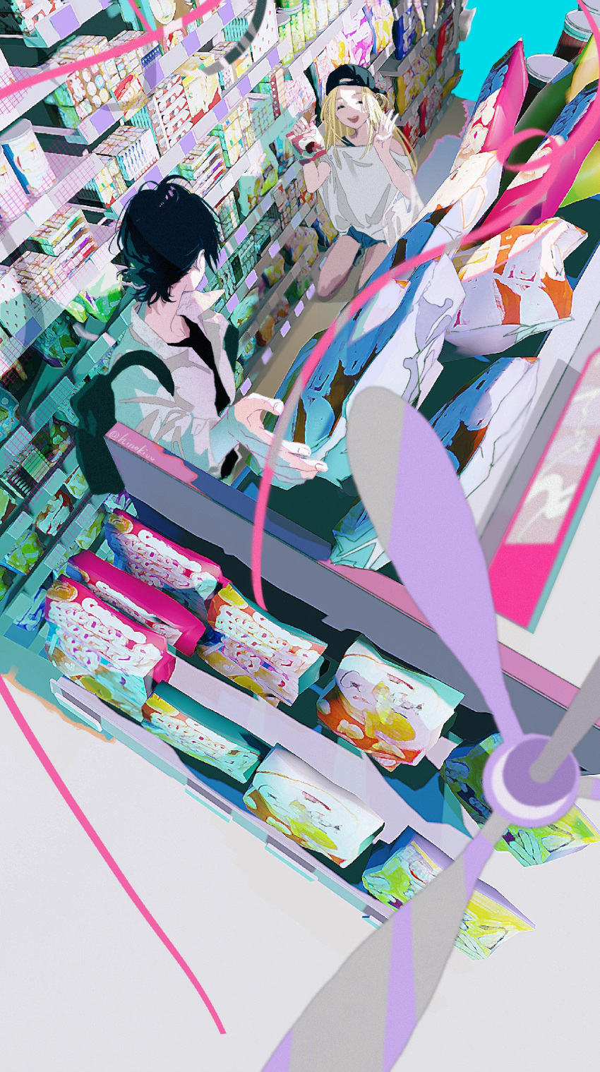 1boy 1girl absurdres ajiro_shinpei arm_up backpack backwards_hat bag baseball_cap black_bag black_hair black_headwear black_shirt blonde_hair ceiling_fan closed_eyes collared_shirt food from_above hair_bun hat highres hinokivv holding holding_food indoors kneeling kofune_ushio long_hair long_sleeves looking_at_another open_mouth pink_ribbon ribbon shirt shop short_hair shorts single_hair_bun smile summertime_render white_shirt