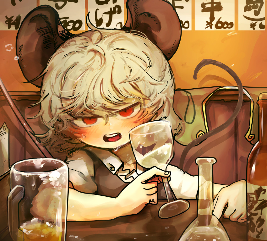 absurdres alcohol andanon angry animal_ears beer beer_mug blonde_hair cup drink drinking_glass drunk glass highres holding holding_cup ice ice_cube looking_at_viewer mouse_ears mouse_tail mug nazrin open_mouth plate red_eyes sake tail touhou wine_glass