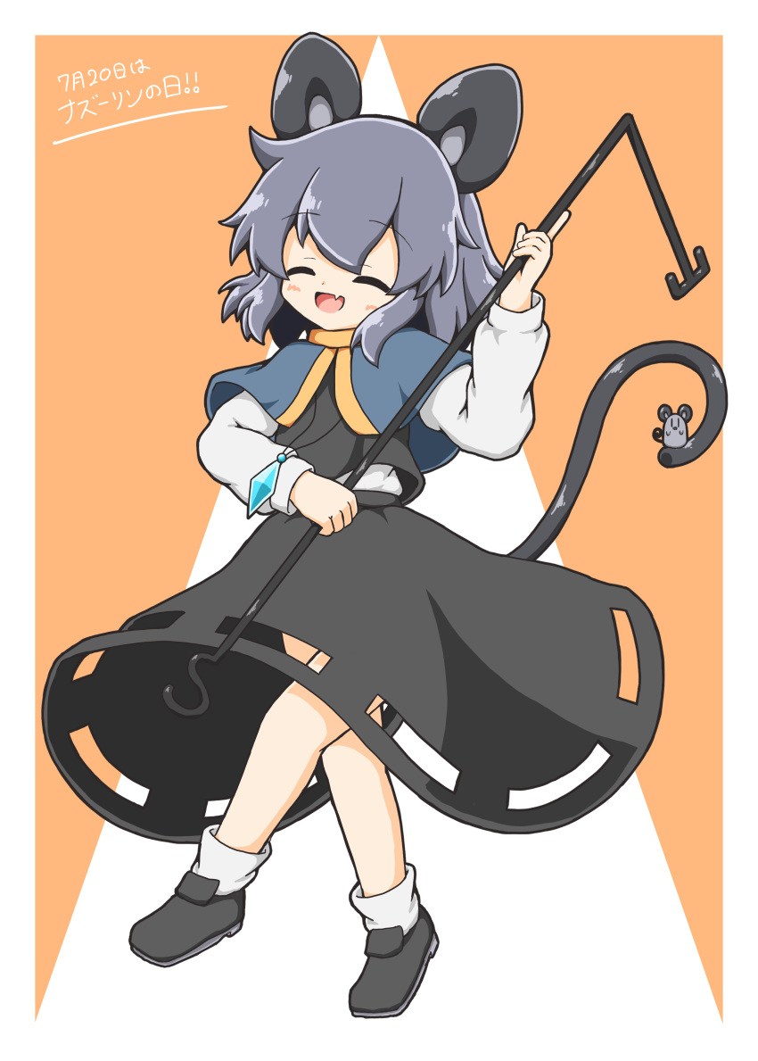 1girl absurdres animal_ears bangs black_footwear blue_capelet capelet closed_eyes dated dowsing_rod facing_viewer fang grey_hair highres jewelry liner41 long_sleeves mouse mouse_ears mouse_girl mouse_tail nazrin open_mouth orange_background pendant short_hair simple_background skin_fang smile socks solo tail touhou two-tone_background white_background white_socks