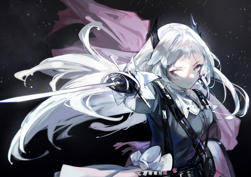 1girl absurdres ammunition_belt arknights black_background black_shirt capelet grey_eyes grey_hair head_wings highres holding holding_weapon irene_(arknights) long_hair rapier saitogiulio scar scar_across_eye scar_on_face shirt sword upper_body weapon white_capelet