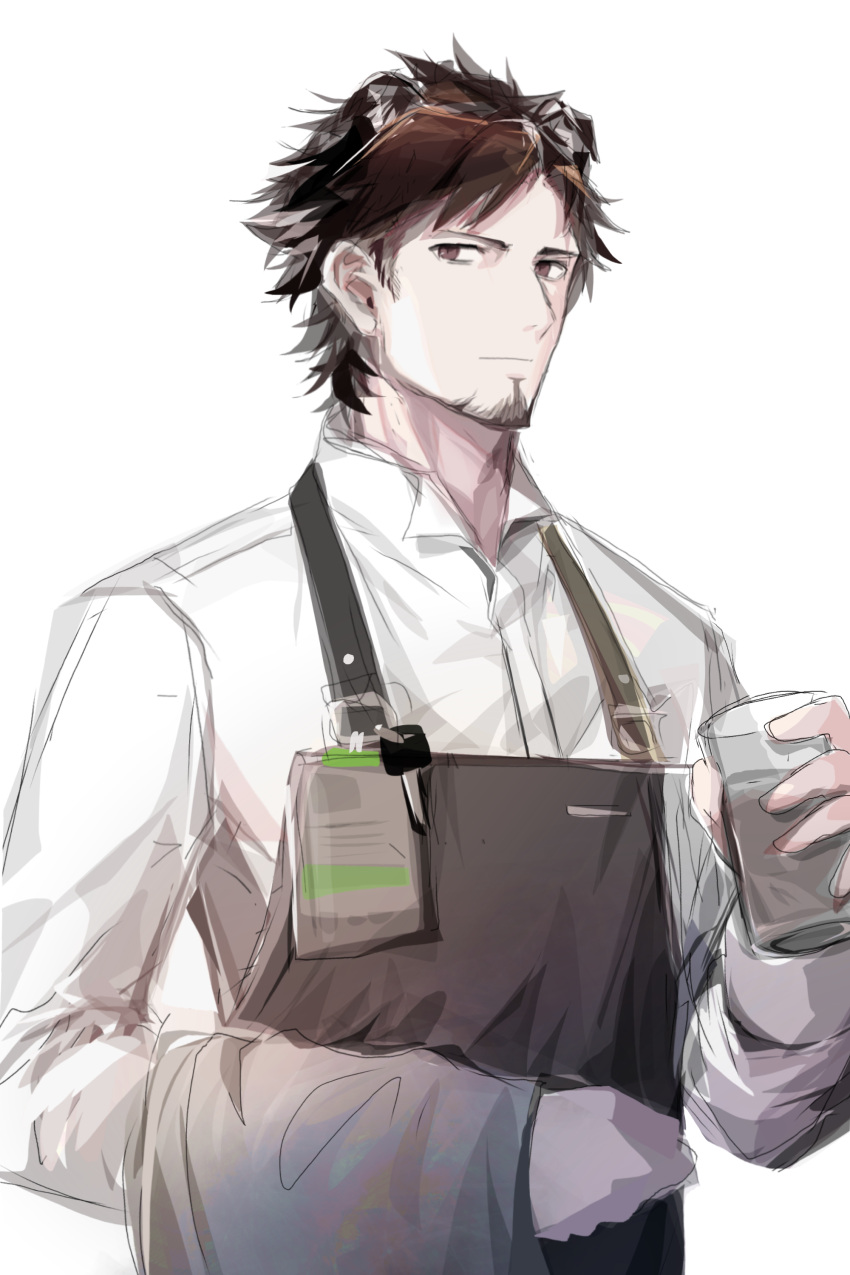 1boy absurdres animal_ear_request animal_ears apron arknights bangs barista brown_hair character_request collared_shirt cup facial_hair goatee highres holding holding_cup key male_focus parted_bangs shabi96522 shirt sideways_glance solo unfinished upper_body white_background