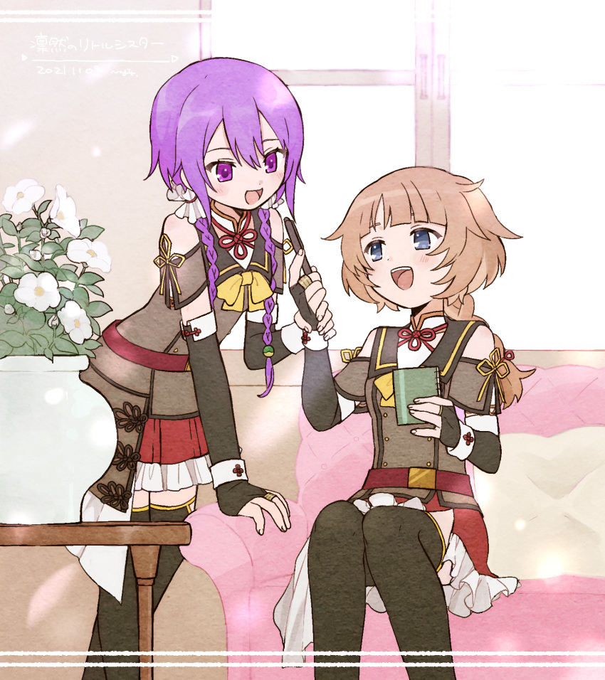 2girls :d arm_support artist_name assault_lily asymmetrical_clothes bangs belt belt_buckle black_gloves black_sailor_collar black_thighhighs blue_eyes blunt_bangs blush bow bowtie braid braided_ponytail bridal_gauntlets brown_jacket buckle clothing_cutout couch cushion dated day elbow_gloves feet_out_of_frame flower flower_knot frilled_skirt frills futagawa_fumi gloves hand_up hands_up highres holding holding_another's_wrist holding_notepad holding_pen indoors jacket jewelry leaning_forward light_particles long_hair looking_at_another looking_at_object low_ponytail low_twin_braids low_twintails miniskirt multiple_girls nagi_(namae11x) notepad on_couch open_mouth pen plant potted_plant purple_hair red_belt red_skirt ribbon ring sailor_collar school_uniform serafuku short_sleeves shoulder_cutout side_slit single_braid sitting skirt smile standing sunlight table teeth thigh-highs twin_braids twintails upper_teeth vase violet_eyes wang_lifen white_flower yellow_bow yellow_bowtie yellow_ribbon