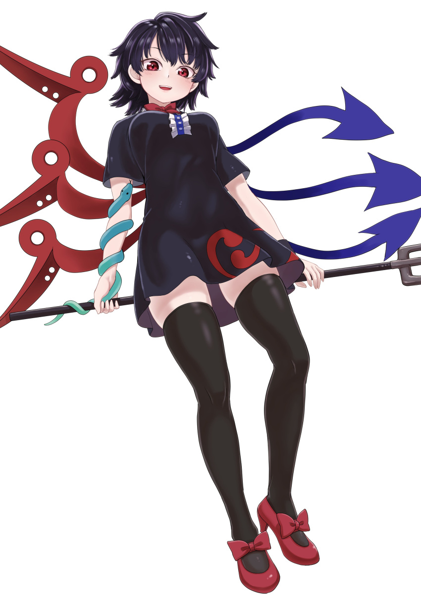 1girl absurdres asymmetrical_wings black_dress black_hair blue_wings bow dress highres houjuu_nue looking_at_viewer polearm poronegi red_bow red_eyes red_footwear shoes solo thigh-highs touhou trident weapon wings