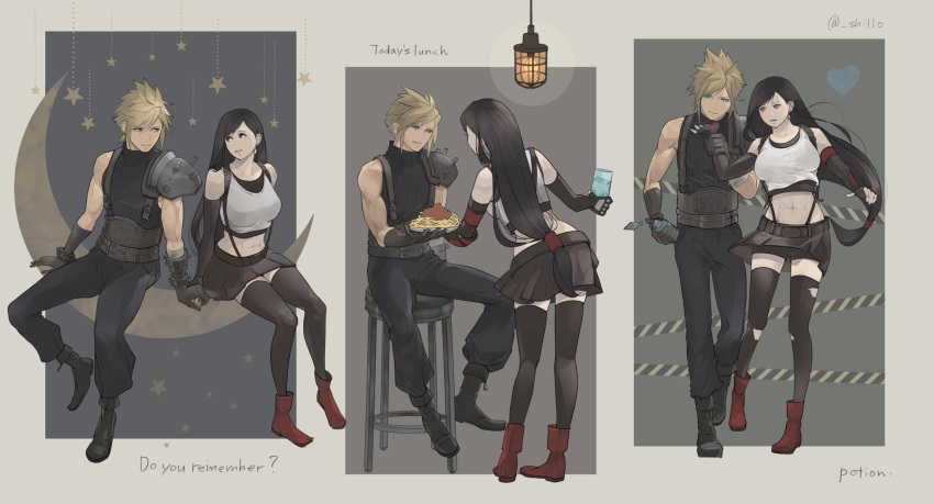 1boy 1girl armor bare_shoulders black_hair black_skirt black_thighhighs blonde_hair blue_eyes breasts cloud_strife couple crescent_moon crop_top cup detached_sleeves earrings english_text final_fantasy final_fantasy_vii final_fantasy_vii_remake food full_body gloves hanging_light highres holding holding_cup holding_hands holding_plate injury jewelry large_breasts long_hair looking_at_another low-tied_long_hair midriff moon multiple_views navel plate red_eyes red_footwear shillo shoulder_armor sitting skirt spiky_hair standing star_(symbol) suspender_skirt suspenders tank_top thigh-highs tifa_lockhart torn_clothes torn_legwear white_tank_top
