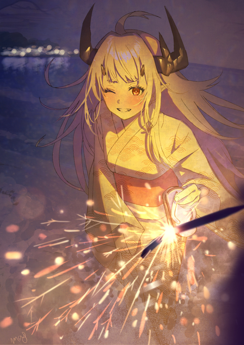 1girl ;d ahoge alternate_costume arknights beach blush breasts feet_out_of_frame fireworks grey_hair grin highres holding holding_shoes horizon horns japanese_clothes kimono long_hair long_sleeves matoimaru_(arknights) medium_breasts night obi ocean one_eye_closed parted_lips red_eyes sandals sash shoes signature smile solo_focus sparkler standing very_long_hair wanko_(realsight) white_kimono wide_sleeves