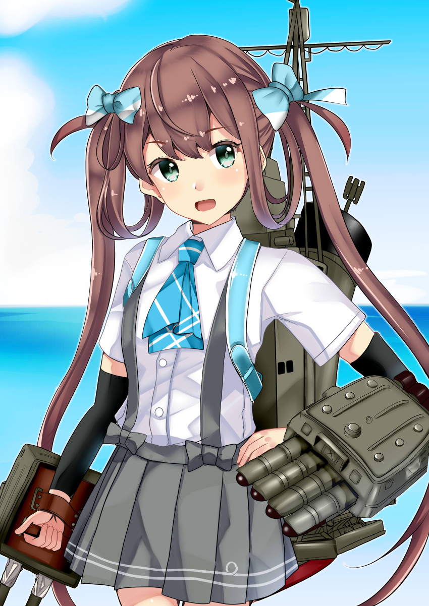 1girl absurdres adapted_turret arm_warmers asagumo_(kancolle) ascot blue_ascot blue_sky brown_hair cannon clouds commentary_request commission cowboy_shot day flat_chest grey_eyes grey_skirt hair_ribbon highres himura_moritaka horizon kantai_collection long_hair looking_at_viewer machinery ocean outdoors pleated_skirt ribbon shirt skeb_commission skirt sky solo standing suspender_skirt suspenders torpedo_launcher turret twintails white_shirt