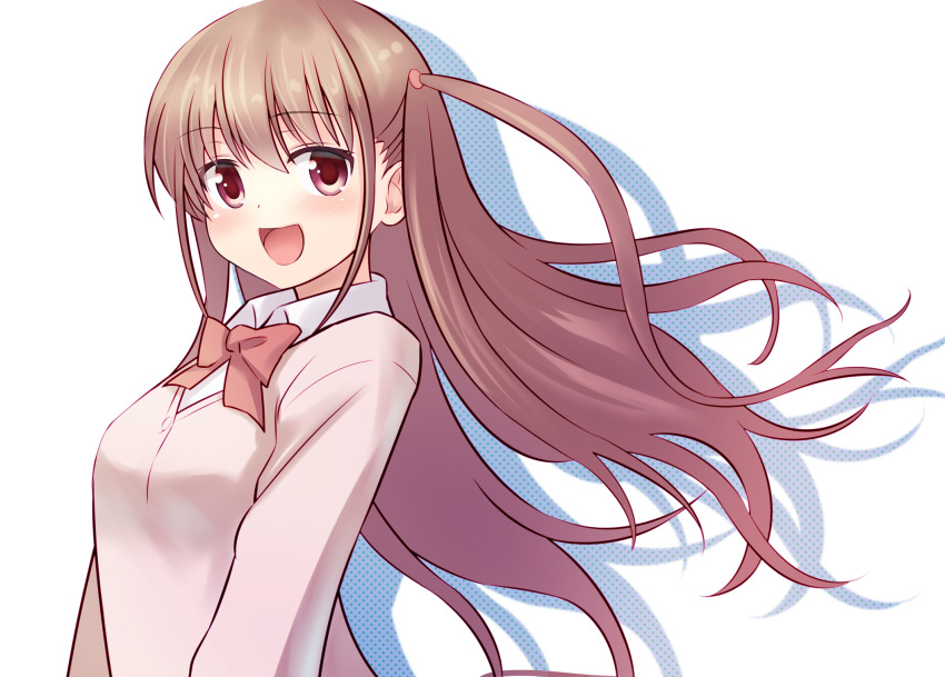 1girl achiga_school_uniform atarashi_ako bangs bow bowtie brown_hair cardigan commentary dress_shirt highres long_hair looking_at_viewer open_mouth pila_(pilayamato) pink_bow pink_bowtie pink_cardigan saki saki_achiga-hen school_uniform shadow shirt simple_background smile solo upper_body violet_eyes white_background white_shirt wind wing_collar
