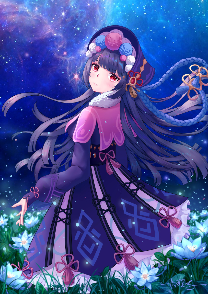 1girl absurdres bangs black_hair blunt_bangs capelet chinese_clothes commentary_request eyeshadow field flower flower_field from_behind genshin_impact hairband head_tilt highres lolita_hairband long_hair long_sleeves looking_at_viewer makeup muyuchengfengyh night night_sky red_eyes sidelocks sky smile solo star_(sky) starry_sky yun_jin_(genshin_impact)