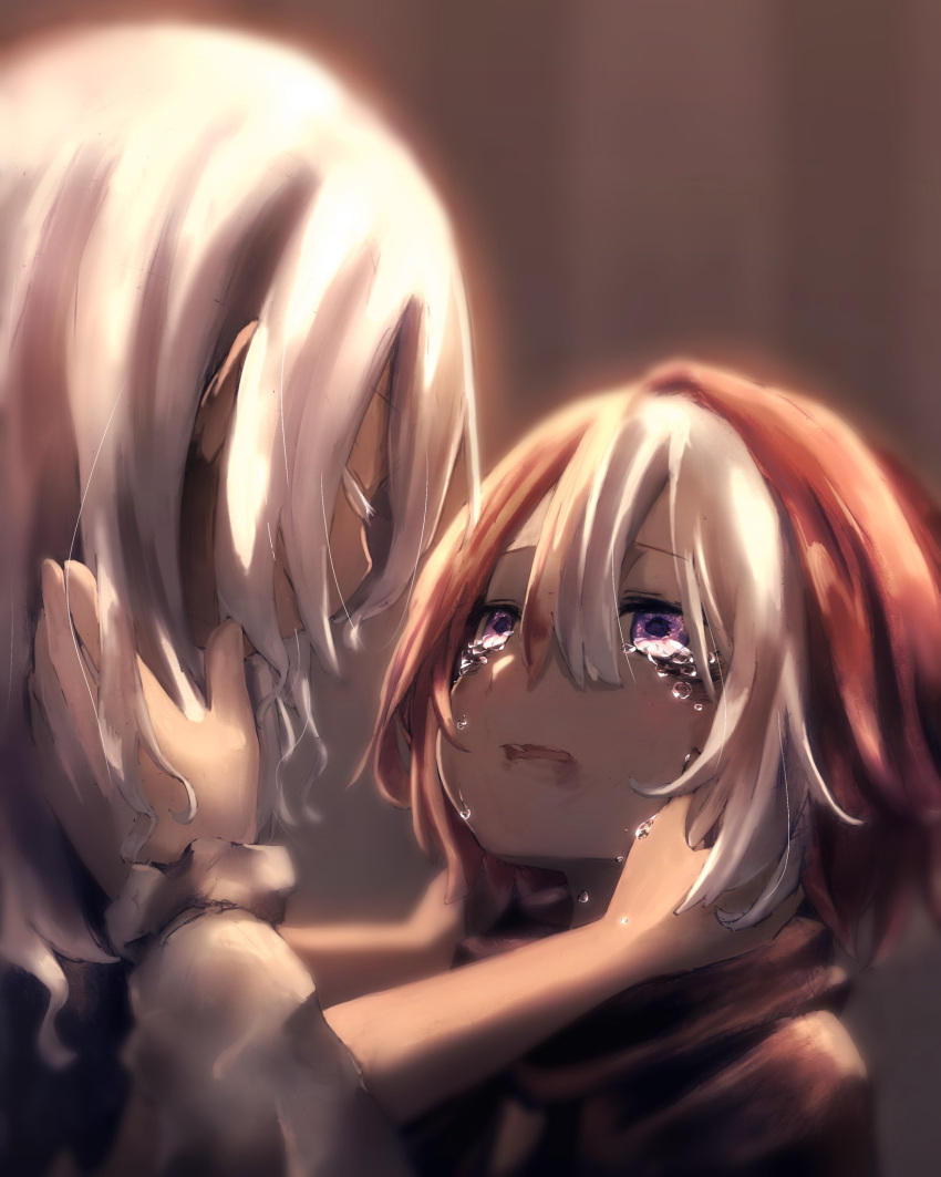 2girls bangs black_hair blurry brown_background bruise bruise_on_face cloak closed_eyes comforting crying crying_with_eyes_open dark-skinned_female dark_skin depth_of_field face-to-face facing_another hair_between_eyes hand_in_another's_hair hand_up highres injury irumyuui long_hair long_sleeves looking_at_another made_in_abyss marudoll multicolored_hair multiple_girls open_mouth portrait short_hair simple_background streaked_hair tears veko violet_eyes