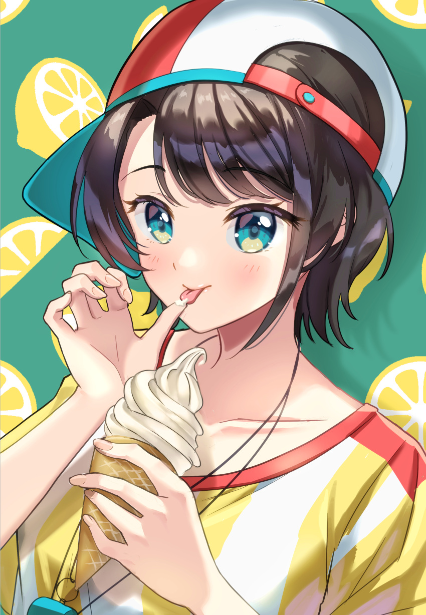 1girl absurdres aqua_eyes backwards_hat bangs baseball_cap blush brown_hair collarbone food fruit hat highres hololive ice_cream kona_(shuu_cream) lemon lemon_print lemon_slice licking licking_finger looking_at_viewer oozora_subaru shirt short_hair short_sleeves smile soft_serve striped striped_shirt summer swept_bangs upper_body virtual_youtuber whistle whistle_around_neck