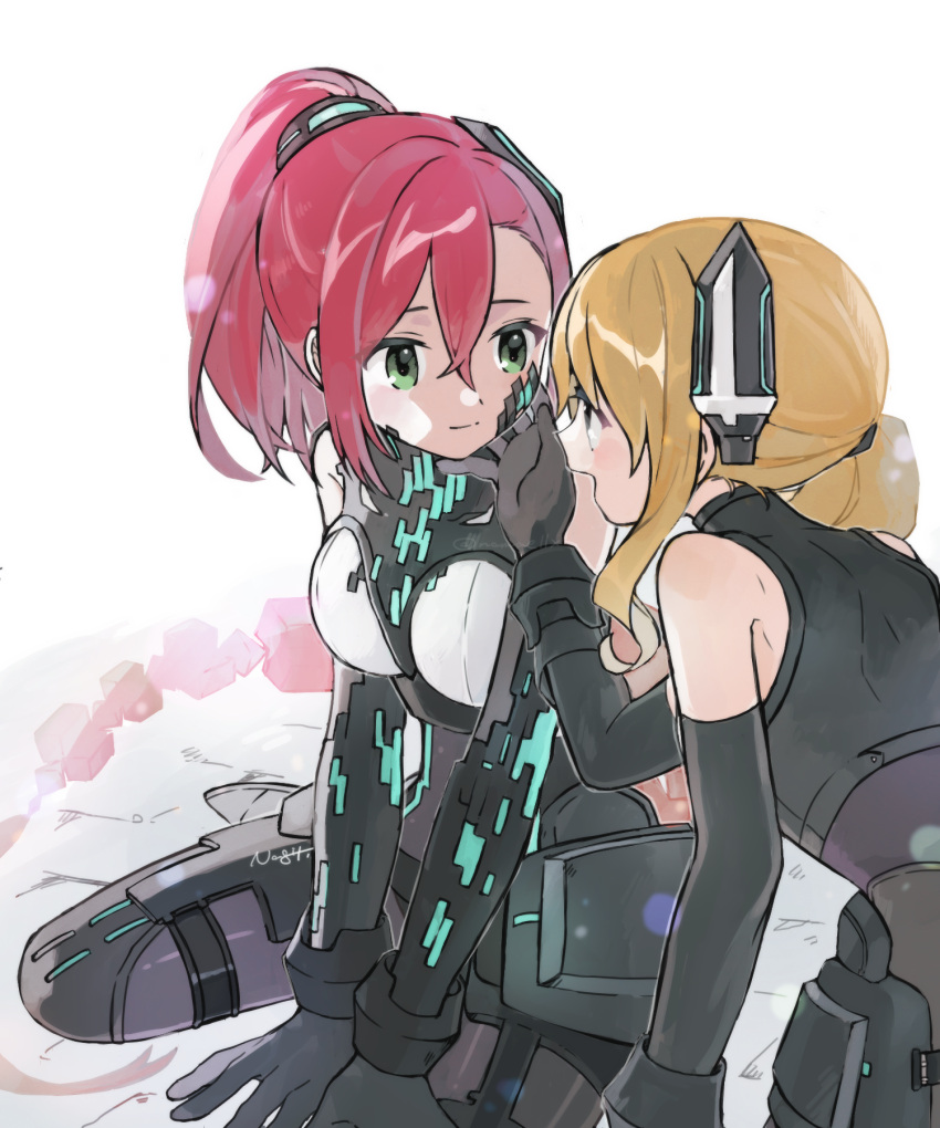 2girls artist_name assault_lily bangs bare_shoulders black_bodysuit black_footwear black_gloves blonde_hair bodysuit boots bracer breasts closed_mouth elbow_gloves eye_contact gloves green_eyes hair_between_eyes hand_on_another's_cheek hand_on_another's_face hatsukano_you headgear high_collar highres iijima_renka leaning_forward light_smile long_hair looking_at_another low_ponytail mechanical_tail medium_breasts multiple_girls nagi_(namae11x) official_alternate_costume official_alternate_hairstyle on_floor open_mouth ponytail redhead side_ponytail sidelocks sitting sleeveless sleeveless_bodysuit smile tail thigh_boots v_arms wariza white_background