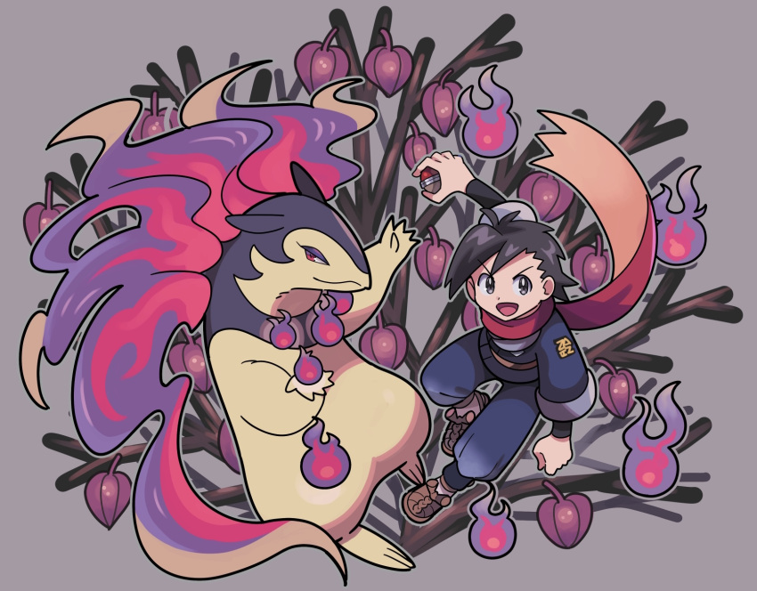 1boy :d bangs black_hair black_shirt brown_footwear closed_mouth commentary_request floating_scarf grey_background grey_eyes highres hisuian_typhlosion holding holding_poke_ball jacket logo male_focus open_mouth pants poke_ball poke_ball_(legends) pokemon pokemon_(creature) pokemon_(game) pokemon_legends:_arceus red_eyes red_scarf rei_(pokemon) scarf shirt shoes short_hair smile sutokame tongue