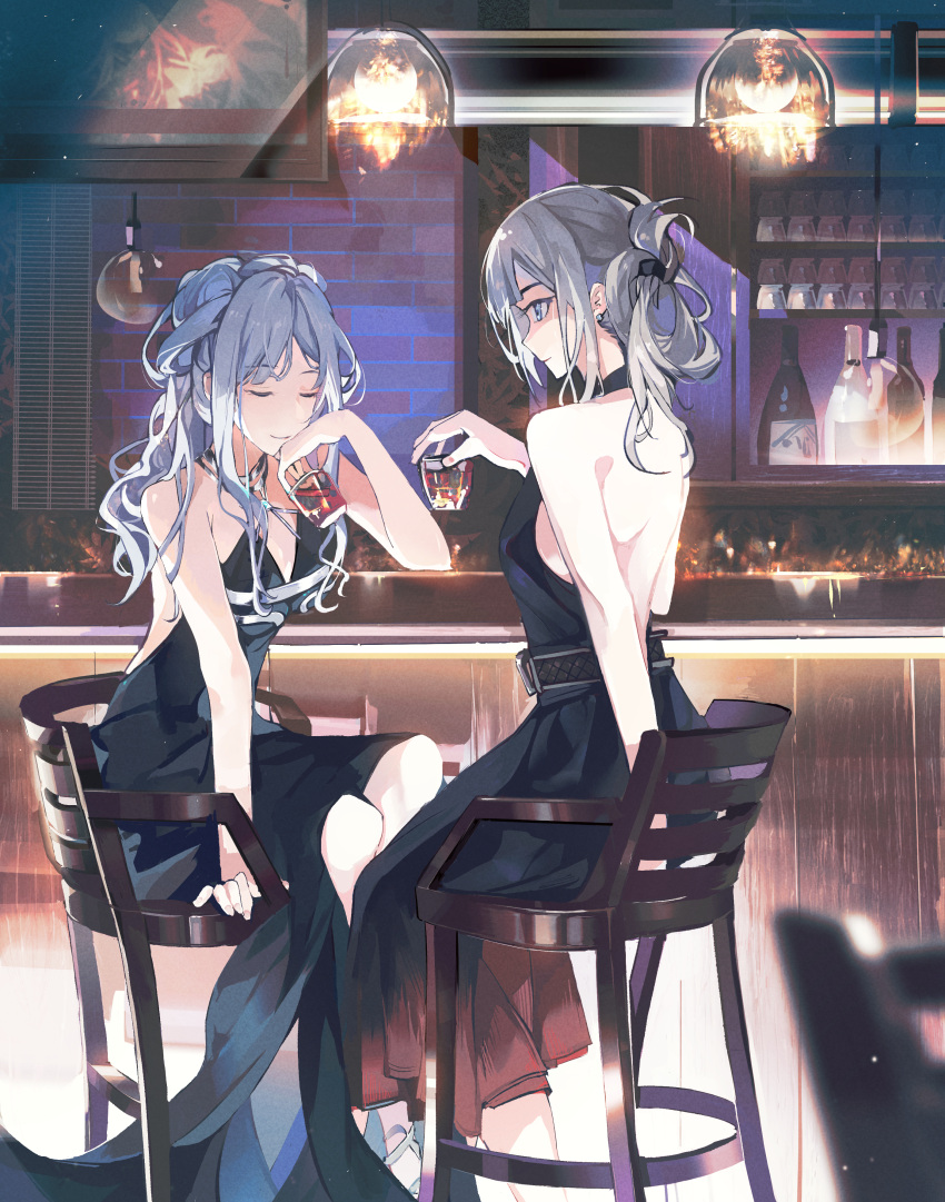 2girls absurdres ak-12_(girls'_frontline) ak-12_(quiet_azure)_(girls'_frontline) an-94_(girls'_frontline) an-94_(silent_rouge)_(girls'_frontline) backless_dress backless_outfit bar_stool blue_dress closed_eyes counter cup dress evening_gown fmorange folded_ponytail girls_frontline glasses halter_dress halterneck highres holding holding_cup long_hair multiple_girls official_alternate_costume pink_hair sitting stool updo white_hair