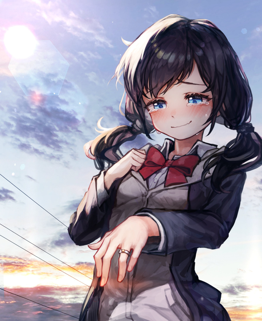 1girl absurdres bangs black_hair black_jacket blue_eyes blue_sky blush bow bowtie breasts buttons cardigan closed_mouth clouds collared_shirt crying day gilmang grey_cardigan hair_tie half-closed_eyes hand_on_own_chest hand_up happy highres jacket jewelry lens_flare long_hair long_sleeves looking_down nose_blush open_clothes open_jacket original outdoors pocket power_lines red_bow red_bowtie ring school_uniform shiny shiny_hair shirt sky small_breasts smile solo standing sun sunlight swept_bangs tears twintails upper_body wavy_mouth wedding_ring white_shirt