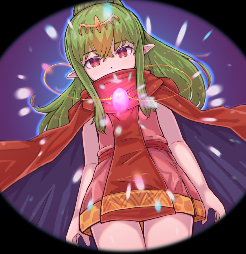 1girl cloak cowboy_shot dark_persona dress fire_emblem fire_emblem:_mystery_of_the_emblem fire_emblem:_shadow_dragon_and_the_blade_of_light fire_emblem_heroes green_hair hair_ornament highres jewelry kutabireta_neko long_hair looking_at_viewer pink_dress pointy_ears ponytail red_eyes short_dress sleeveless sleeveless_dress solo stone tiara tiki_(fire_emblem)