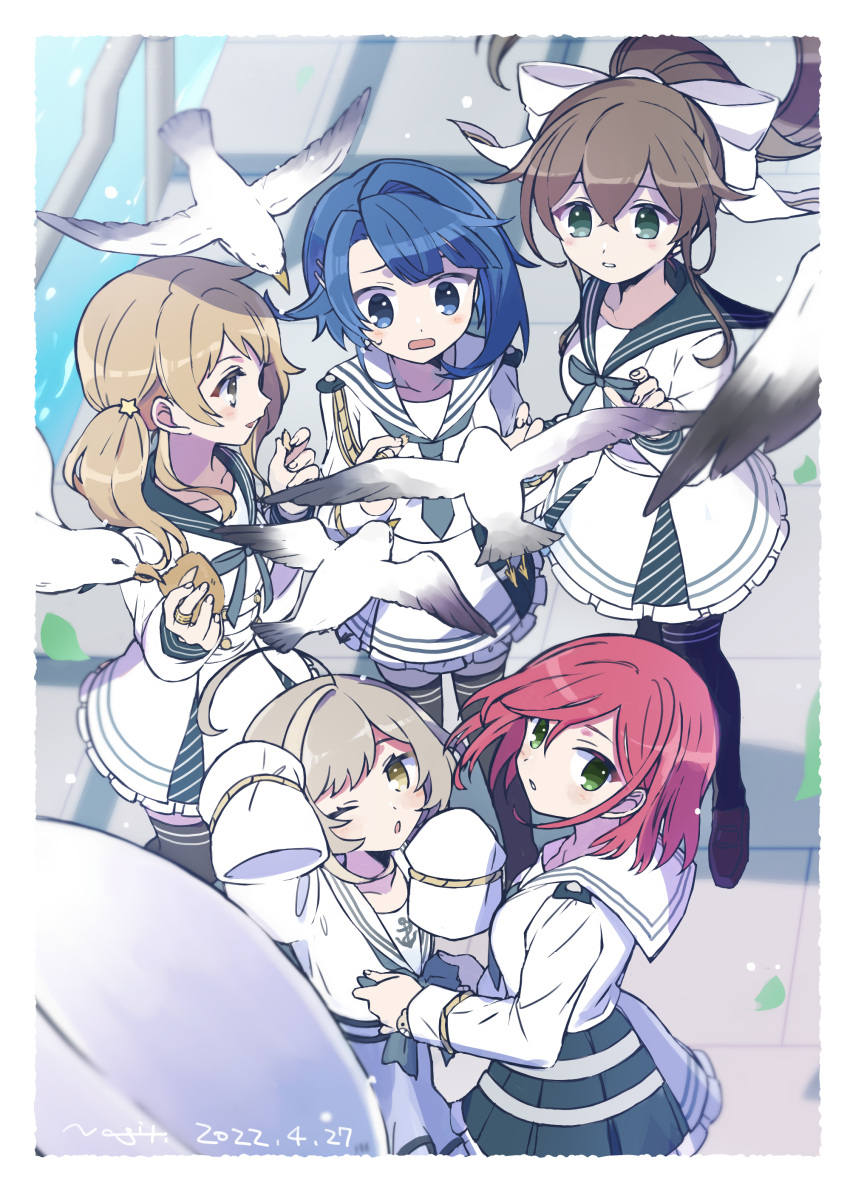 5girls :o absurdres adjusting_another's_clothes adjusting_bowtie ahoge aiguillette aizawa_kazuha animal aqua_eyes arm_up artist_name assault_lily asymmetrical_hair bangs bird black_thighhighs blonde_hair blue_bow blue_bowtie blue_eyes blue_hair blue_necktie blue_ribbon blue_sailor_collar blue_skirt blunt_bangs blurry blush border bow bowtie bread brown_footwear brown_hair buttons collarbone crossed_bangs crumbs dated day depth_of_field epaulettes falling_leaves feeding fingernails floating_hair food frilled_skirt frills from_above green_eyes grey_eyes grey_hair hair_between_eyes hair_bow hair_ornament hairclip hand_up hands_up hat hat_loss hatsukano_you highres holding holding_food iijima_renka jewelry leaf light_particles loafers long_hair long_sleeves looking_at_animal looking_at_another looking_at_viewer looking_up low_ponytail medium_hair miniskirt multicolored_hair multiple_girls nagi_(namae11x) neck_ribbon necktie no_pupils official_alternate_costume open_mouth outdoors parted_lips pleated_skirt profile railing redhead ribbon ring sailor_collar sailor_shirt sasaki_ran seagull serizawa_chikaru shadow shirt shoes side_ponytail skirt sleeves_past_fingers sleeves_past_wrists smile standing star_(symbol) star_hair_ornament streaked_hair sweatdrop swept_bangs thigh-highs water white_border white_bow white_headwear white_sailor_collar white_shirt white_skirt wind wind_lift yellow_eyes zettai_ryouiki