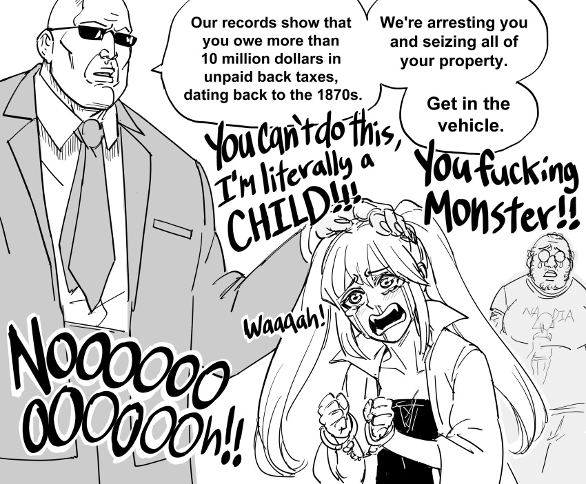 1girl 2boys absurdres arm_hair arrest bald bb_(baalbuddy) beard black_dress crying crying_with_eyes_open cuffs dress english_text facial_hair fat fat_man formal glasses handcuffs highres irs italy left-to-right_manga multiple_boys necktie original profanity suit sunglasses tears twintails vampire