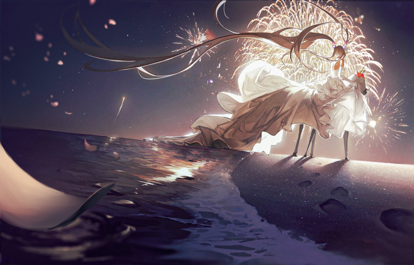 1girl beach blonde_hair commentary_request dress fireworks floating_clothes from_behind highres hololive hololive_english horseback_riding long_hair night ocean reinene riding solo tsukumo_sana unicorn very_long_hair virtual_youtuber water white_dress