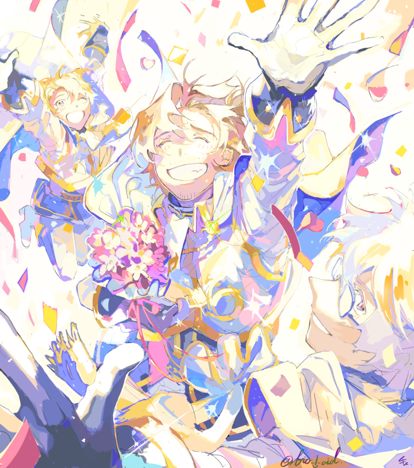 3boys absurdres bio_l_oid blonde_hair bouquet brown_hair closed_eyes colorful confetti facial_hair glasses goatee hazama_michio highres idolmaster idolmaster_side-m looking_at_viewer maita_rui male_focus multiple_boys mustache open_mouth reaching_out s.e.m_(idolmaster) simple_background smile yamashita_jiro