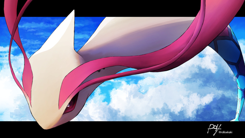 above_clouds bright_pupils clouds commentary_request day flying highres letterboxed milotic no_humans outdoors outside_border pokemon pokemon_(creature) red_eyes rolloekaki signature solo white_pupils