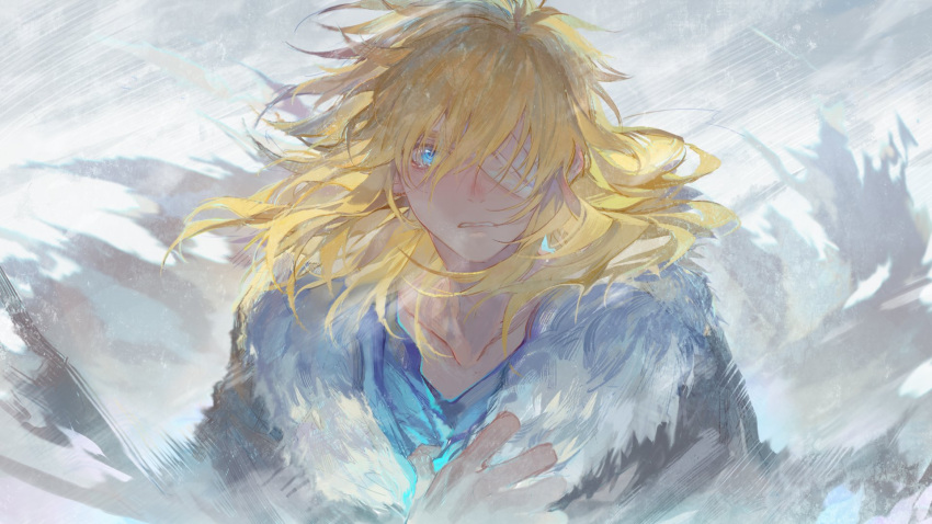 1boy alannoran bandage_over_one_eye bandages bangs black_coat blonde_hair blue_eyes blue_shirt clothes_grab coat collarbone cygnus_hyouga english_commentary floating_hair fur-trimmed_coat fur_trim hair_over_eyes hand_up highres long_hair male_focus mixed-language_commentary one_eye_covered portrait saint_seiya shirt solo straight-on tearing_up tears torn_clothes wind