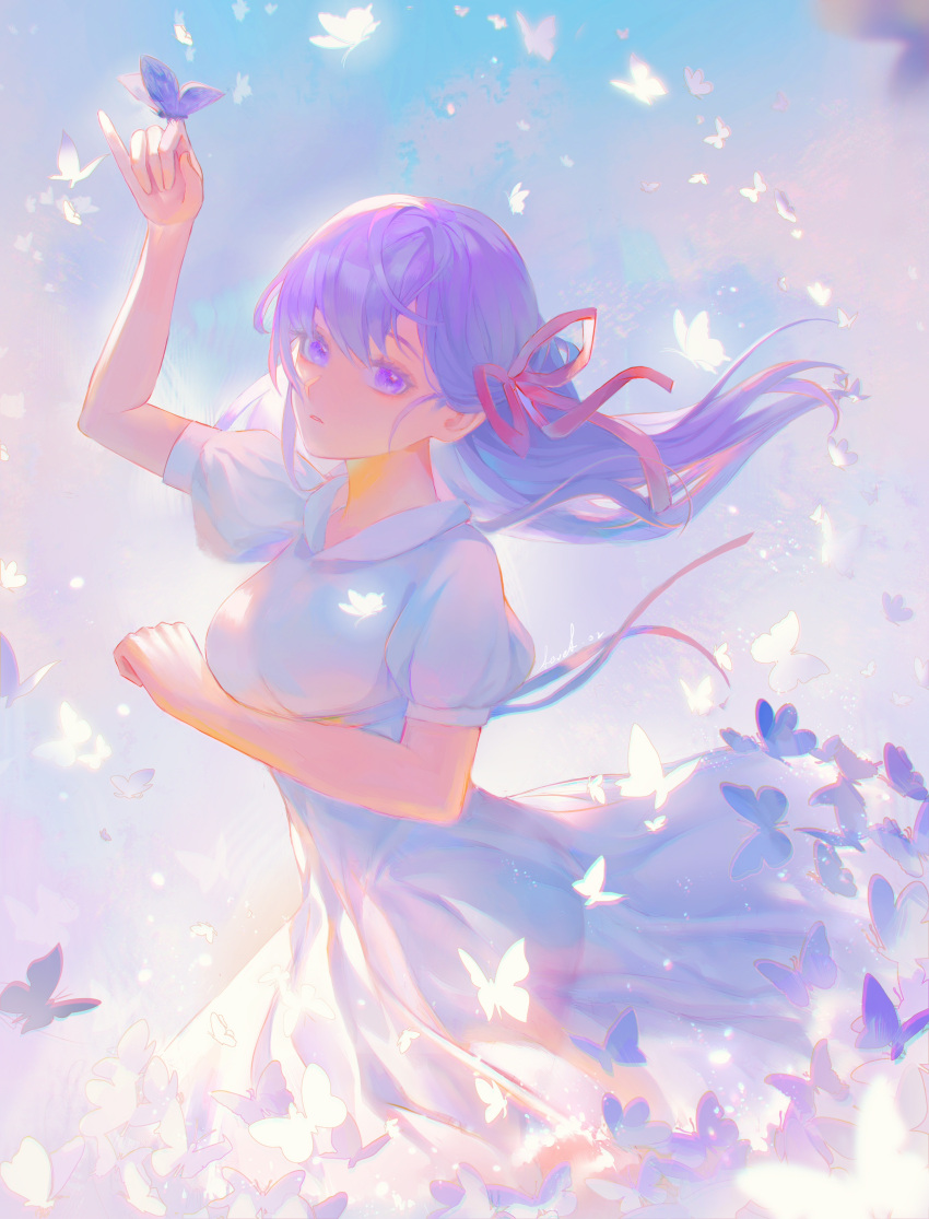 1girl absurdres arm_up breasts bug butterfly dress fate/stay_night fate_(series) hair_ribbon heaven's_feel highres level02 looking_at_viewer matou_sakura medium_breasts medium_hair parted_lips puffy_short_sleeves puffy_sleeves purple_hair red_ribbon ribbon short_sleeves solo upper_body violet_eyes white_dress