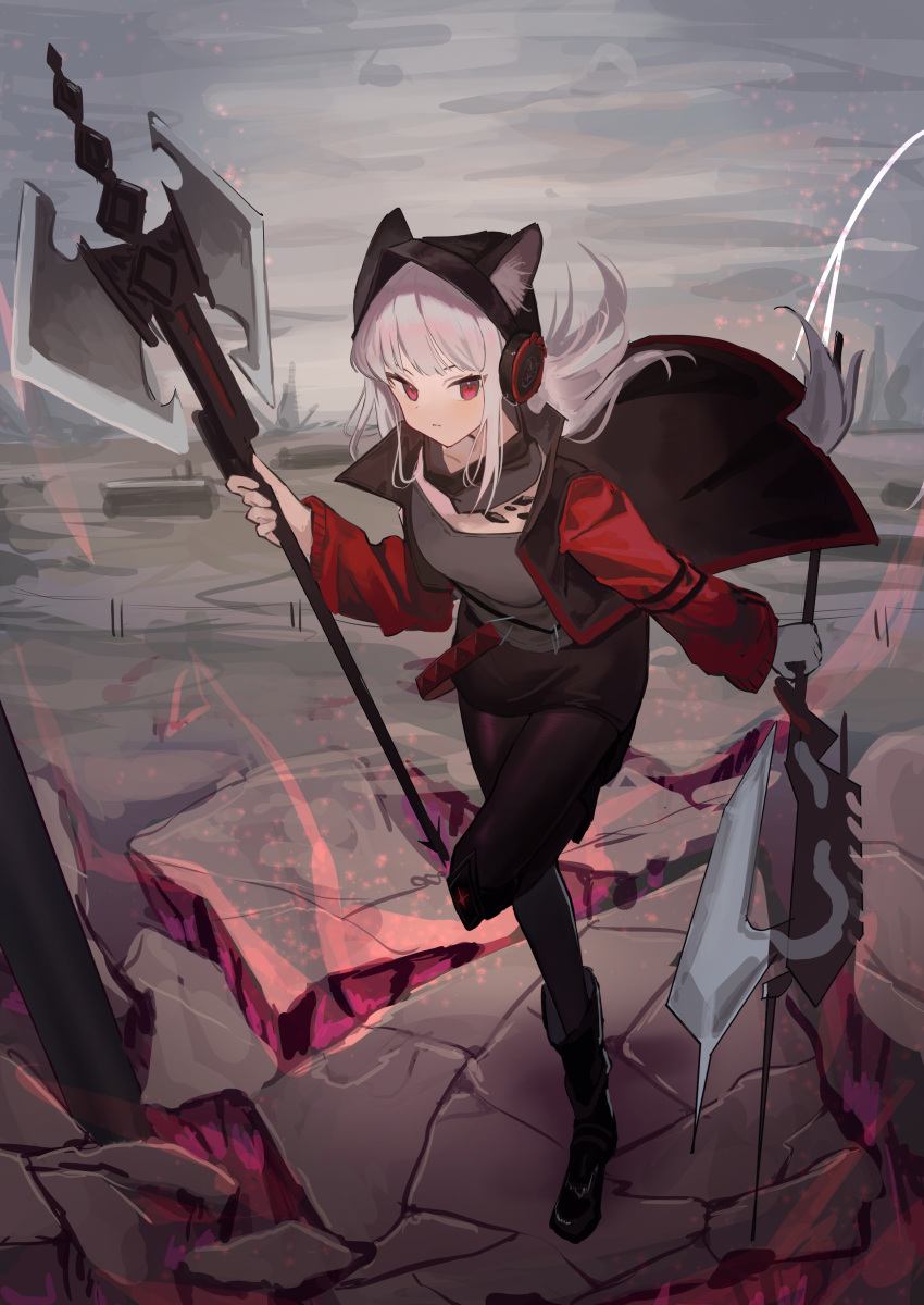 1girl absurdres animal_ear_fluff animal_ears arknights axe black_headwear black_pantyhose black_skirt closed_mouth clouds cloudy_sky cracked_floor day desert dual_wielding ears_through_headwear fox_ears fox_girl fox_tail frostleaf_(arknights) grey_hair grey_shirt hat highres holding holding_axe jacket leg_up long_hair long_sleeves miniskirt natsuba002 open_clothes open_jacket oripathy_lesion_(arknights) outdoors pantyhose red_eyes red_jacket rock shirt skirt sky solo standing standing_on_one_leg tail