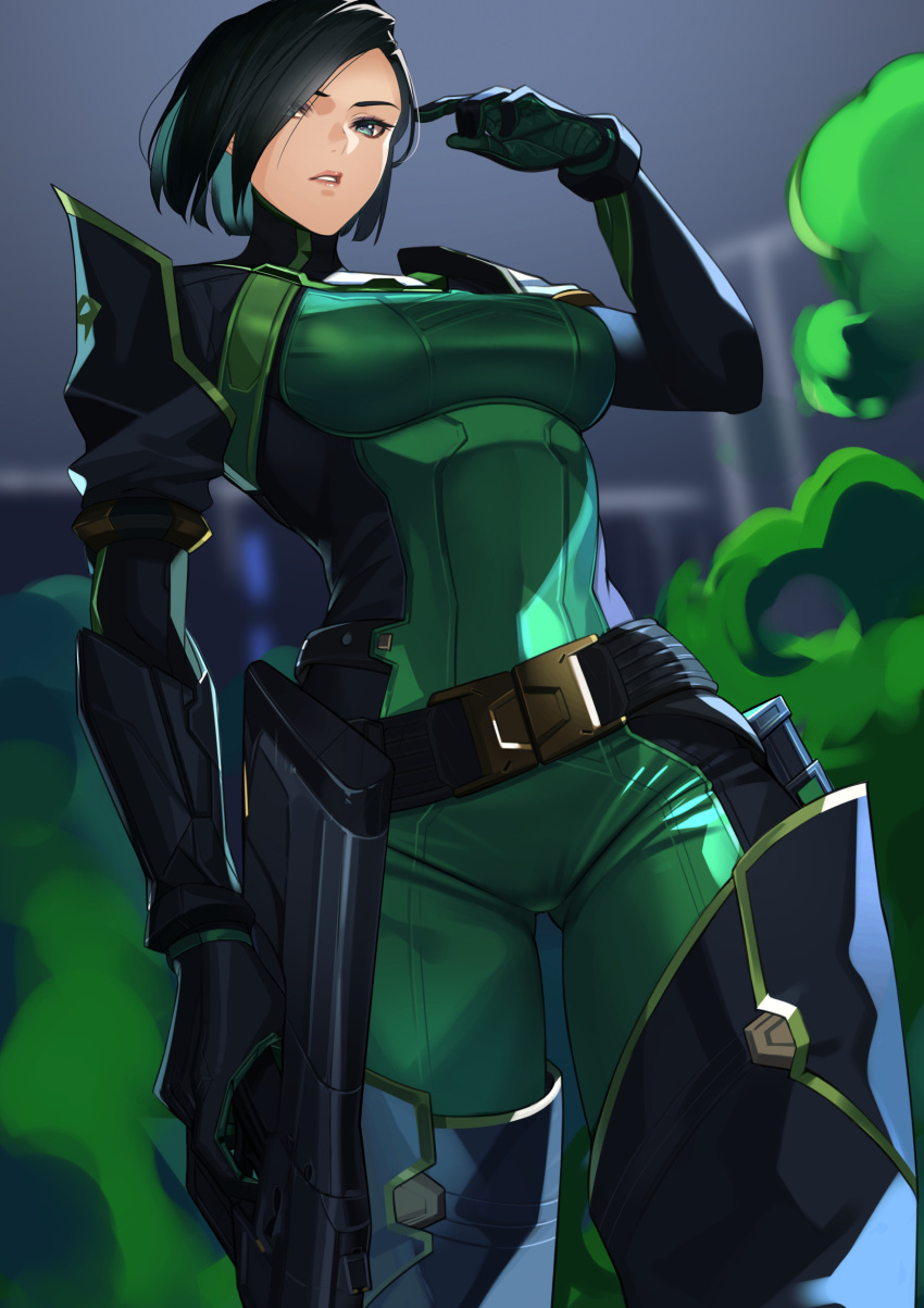 1girl absurdres bangs black_gloves black_hair black_thighhighs blue_eyes bodysuit breasts gloves green_bodysuit gun highres holding holding_gun holding_weapon kagematsuri large_breasts looking_at_viewer parted_lips short_hair smoke solo thigh-highs valorant viper_(valorant) weapon