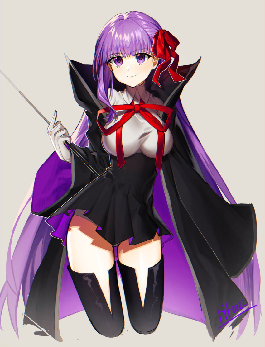 1girl bb_(fate) bb_(fate/extra) black_coat black_skirt boots breasts coat fate/extra fate/extra_ccc fate_(series) gloves high-waist_skirt highres holding holding_wand large_breasts long_hair long_sleeves neck_ribbon open_clothes open_coat popped_collar purple_hair raburi red_ribbon ribbon shirt skirt smile solo thigh_boots very_long_hair violet_eyes wand white_gloves white_shirt