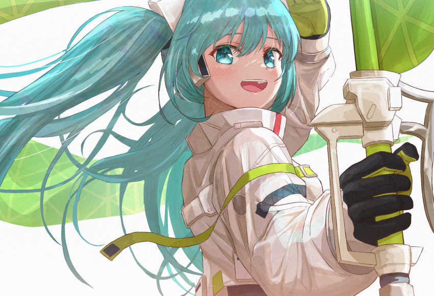 aqua_eyes aqua_hair black_gloves bodysuit covered_navel crop_top crop_top_overhang cropped_jacket flag flagpole flame_print from_side gloves green_gloves hair_between_eyes hatsune_miku headgear headphones highres holding holding_flag holding_pole jacket long_hair long_sleeves looking_at_viewer open_mouth pole racequeen racing_miku racing_miku_(2022) simple_background smile smiley_face time_is_money3120 twintails two-tone_gloves very_long_hair vocaloid white_jacket