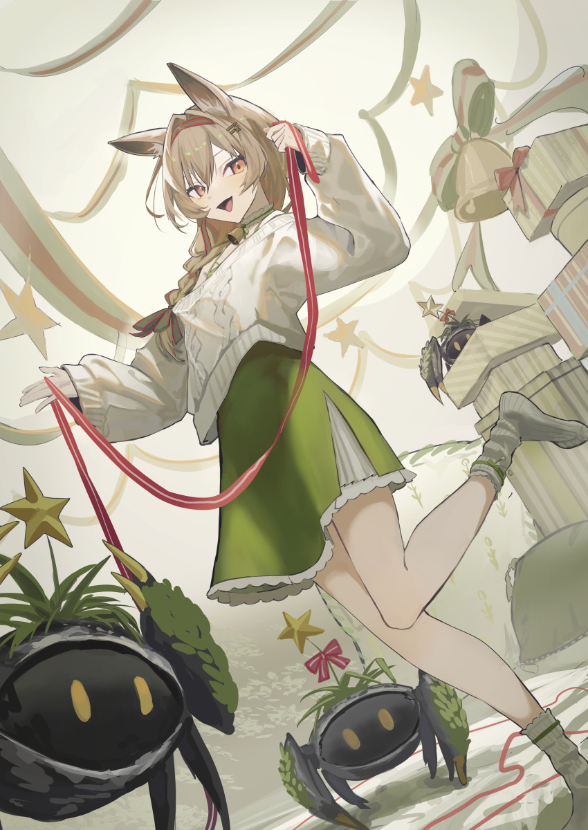 1girl :d absurdres animal_ear_fluff animal_ears arknights bare_shoulders beanstalk_(arknights) beanstalk_(gift_uncompleted)_(arknights) bell box braid brown_hair creature dress dutch_angle gift gift_box green_dress grey_socks hair_ornament hair_over_shoulder hairband hairclip highres holding holding_ribbon leg_up long_hair long_sleeves looking_at_viewer metal_crab_(arknights) natsuba002 neck_bell off-shoulder_sweater off_shoulder official_alternate_costume open_mouth orange_eyes red_hairband red_ribbon ribbon single_braid smile socks solo standing standing_on_one_leg star_(symbol) sweater white_sweater