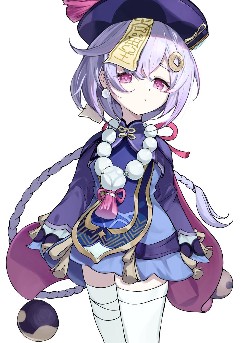 1girl absurdres bead_necklace beads coin coin_hair_ornament earrings genshin_impact hair_ornament hat highres jewelry jiangshi lechiennoir light_purple_hair long_hair looking_at_viewer necklace ofuda orb parted_lips ponytail purple_hair purple_headwear qiqi_(genshin_impact) simple_background single_earring skindentation sleeves_past_fingers sleeves_past_wrists solo talisman tassel thigh-highs very_long_hair violet_eyes vision_(genshin_impact) white_background white_thighhighs yin_yang