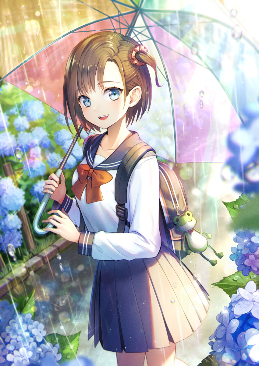 1girl :d backpack bag bag_charm bangs blue_eyes blush bow bowtie brown_hair charm_(object) flower highres holding holding_umbrella hydrangea looking_at_viewer one_side_up open_mouth original outdoors parted_bangs pleated_skirt puddle rain reflection reflective_water ronce school_uniform scrunchie serafuku short_hair skirt smile solo stuffed_animal stuffed_frog stuffed_toy umbrella water_drop