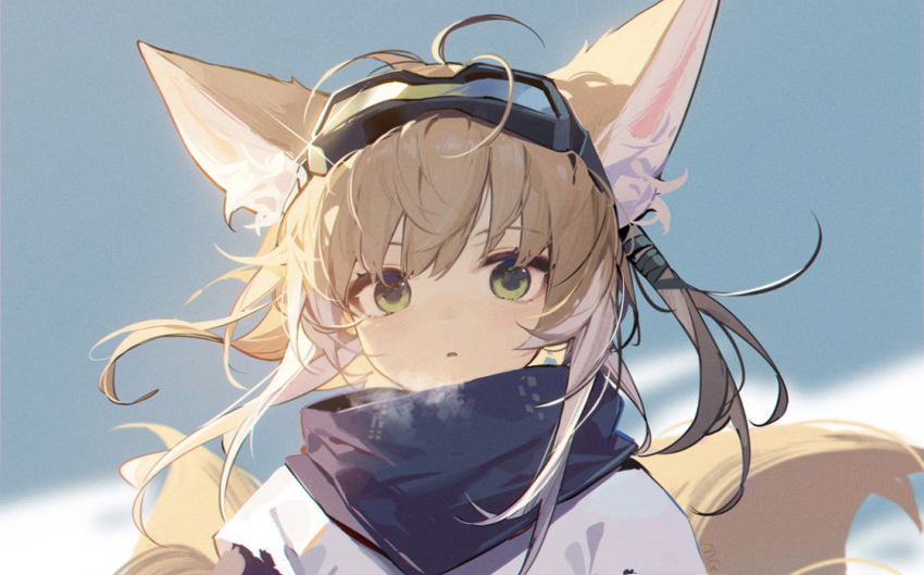 1girl animal_ears antenna_hair arknights black_scarf blonde_hair blue_background breath fox_ears fox_tail goggles goggles_on_head green_eyes kitsune long_hair looking_at_viewer mongarit multicolored_hair multiple_tails official_alternate_costume parted_lips portrait scarf shirt simple_background solo streaked_hair suzuran_(arknights) suzuran_(lostlands_flowering)_(arknights) tail white_hair white_shirt