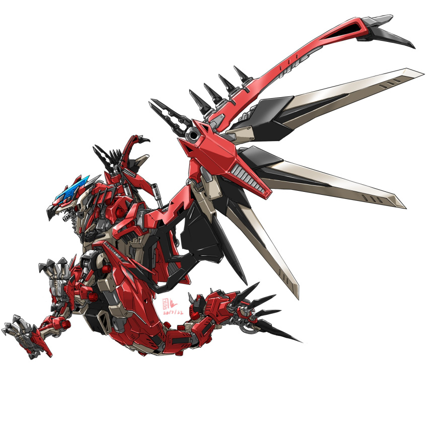 flying highres mecha mechanical_wings mechanization monster_hunter_(series) no_humans open_mouth parody pravin_rao_santheran rathalos robot sharp_teeth solo style_parody teeth white_background wings zoids