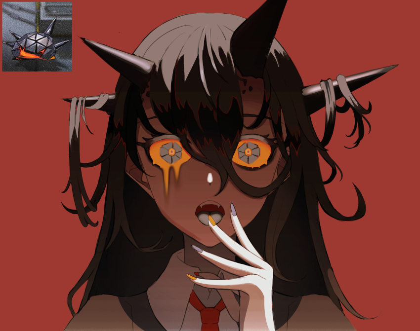 1girl arknights collared_shirt colored_sclera dripping_eye e7e6d2 grey_hair grey_tongue highres horns multicolored_nails nail_polish necktie open_mouth orange_eyes orange_sclera originium_slug_(arknights) oripathy_lesion_(arknights) personification red_background red_necktie shirt symbol-shaped_pupils tongue tongue_out