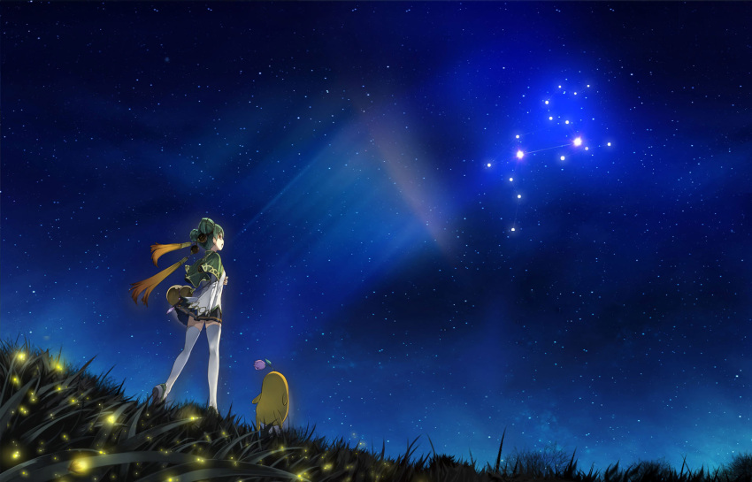 1girl bilibili_douga black_skirt cape china_dress chinese_clothes dress gourd grass green_cape green_footwear green_hair hair_bun hair_ornament_request highres mascot night night_sky official_art official_wallpaper open_mouth orange_eyes pointy_ears shirt skirt sky star_(sky) starry_sky thigh-highs white_shirt white_thighhighs yao_qi_niang