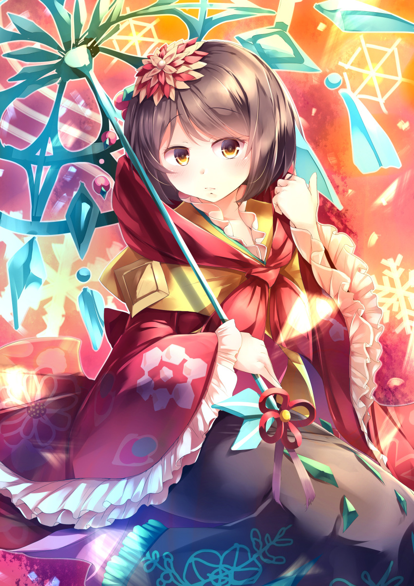 1girl absurdres brown_hair duel_monster floral_print flower hair_flower hair_ornament hand_up highres japanese_clothes kanzakietc kanzashi kanzashi_the_rikka_queen kimono long_sleeves looking_at_viewer red_kimono short_hair sitting snowflake_background solo umbrella yellow_eyes yu-gi-oh!