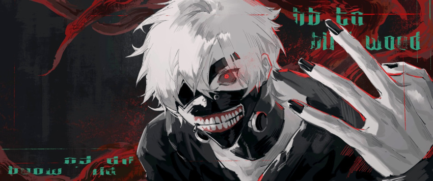 1boy black_nails collarbone colored_sclera colored_skin cracking_knuckles eyepatch eyes_visible_through_hair fingernails grey_hair grey_sclera grey_skin hair_between_eyes highres jiao_chang kagune_(tokyo_ghoul) kaneki_ken male_focus mask red_eyes scales solo tokyo_ghoul upper_body zipper_pull_tab