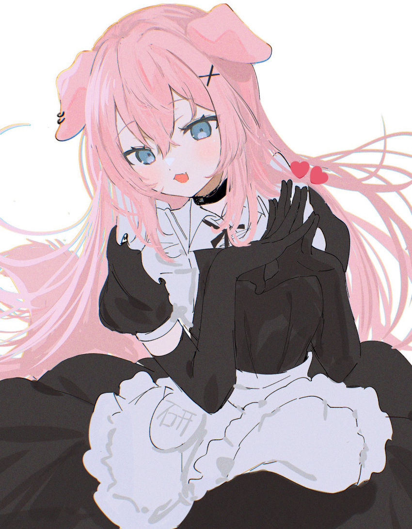 1girl animal_ears archived_source bad_id bad_twitter_id black_choker black_gloves blue_eyes blush choker chromatic_aberration dog_ears ear_piercing elbow_gloves eyelashes fang film_grain frills gloves grey_background hair_between_eyes heart heart_print highres inu_(puputizy) long_hair maid open_mouth original own_hands_together piercing pink_hair puffy_sleeves simple_background smile solo