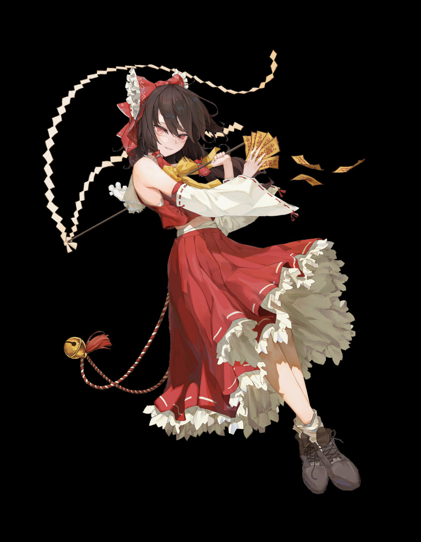 1girl absurdres alternate_eye_color arms_up bandages bangs bare_shoulders bell black_background boots bow bowtie brown_hair closed_mouth collared_shirt detached_sleeves english_commentary fingernails flying frills gohei grey_footwear hair_between_eyes hair_ornament hair_tubes hakurei_reimu hands_up highres long_hair long_sleeves looking_at_viewer nail_polish navel ofuda pink_eyes pink_nails prm647 red_bow red_shirt red_skirt sarashi shirt simple_background skirt smile socks solo teeth touhou white_socks wide_sleeves yellow_bow yellow_bowtie